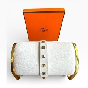 Hermes Rivale Leather Bracelet Size T2 White Multi-tone Pyramid Stud Cuff w/Box